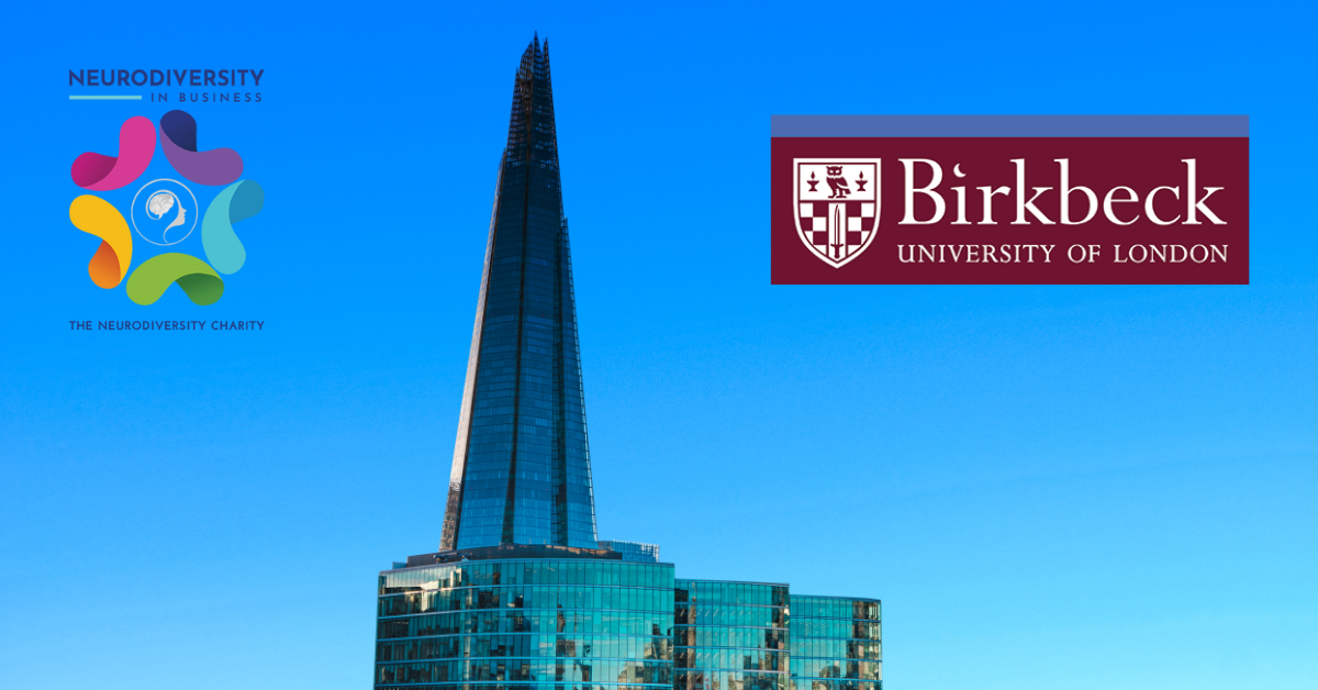 Image shows a photograph of the Shard building in London Bridge against a bright blue sky. On the left of the image is the NiB logo and on the right is the Birkbeck College University of London logo.